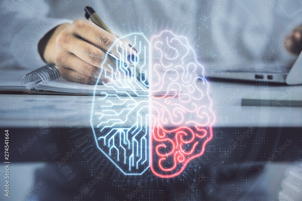 Poster multi exposure of woman's writing hand on background with brain hologram. concept of brainstorming.