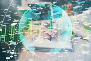 International business hologram over woman's hands taking notes background. Concept of success. Double exposure