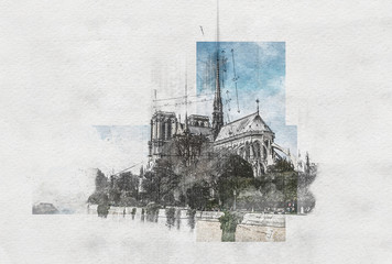 Artistic pencil sketch of Notre dame Cathedral