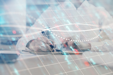 Financial chart drawn over hands taking notes background. Concept of research. Multi exposure