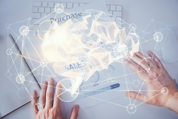 Haman brain double exposure icon with man hands background.