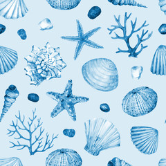 Watercolor seamless pattern with underwater life objects - seashells, starfish, corals, stones and sea urchin.