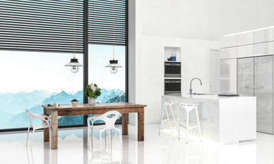 Modern bright airy clean white open plan kitchen