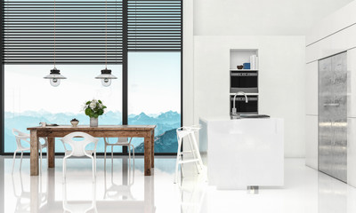 Modern shiny white fitted kitchen with dining area