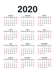 2020 calendar in simple style. Vector. 2020 year pocket template in minimal design. Week starts Sunday. Yearly calendar organizer for weeks. Portrait orientation illustration.