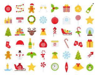 Christmas icons. Vector. Winter icon set. Christmas decorations in flat design isolated on white background. Cartoon colorful illustration. Collection holiday red green symbols.