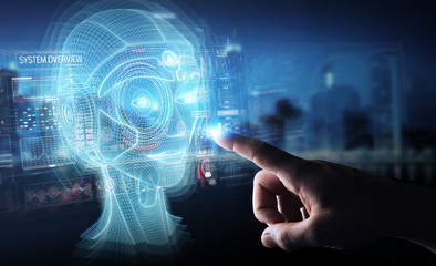Businessman using digital artificial intelligence head interface 3D rendering