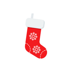 Christmas stocking. Sock icon. Vector. Holiday sock with snowflakes. Red symbol isolated on white background in flat design. Cartoon colorful illustration.