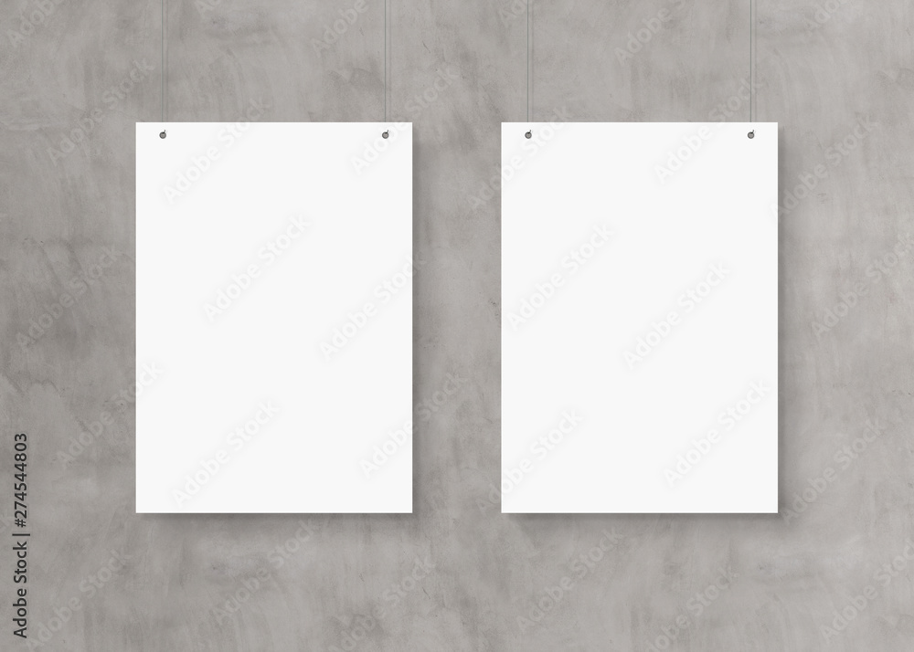 Aufkleber White poster isolated hanging by strings on wall mockup 3D rendering
