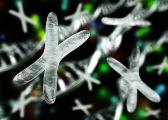 X chromosome on a blurred background, DNA and RNA with a chromosome, the human genome, 3d rendering