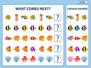 Fototapeta premium Set of tasks for the development of logical thinking of children. Find the regularity and continue the row task. Set composed of sea animals and fish. Difficulty level 1. Vector illustration