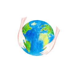 Planet earth and hands.World map.Watercolor hand drawn illustration.White background.