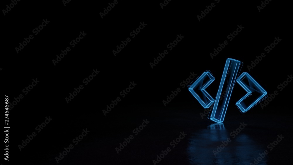 Poster 3d glowing wireframe symbol of symbol of code tag isolated on black background