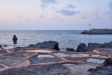 A view of the Gueom Rock Salt Farm and a woman  standing on the edge looking at the ocean of Jeju Island, South Korea.