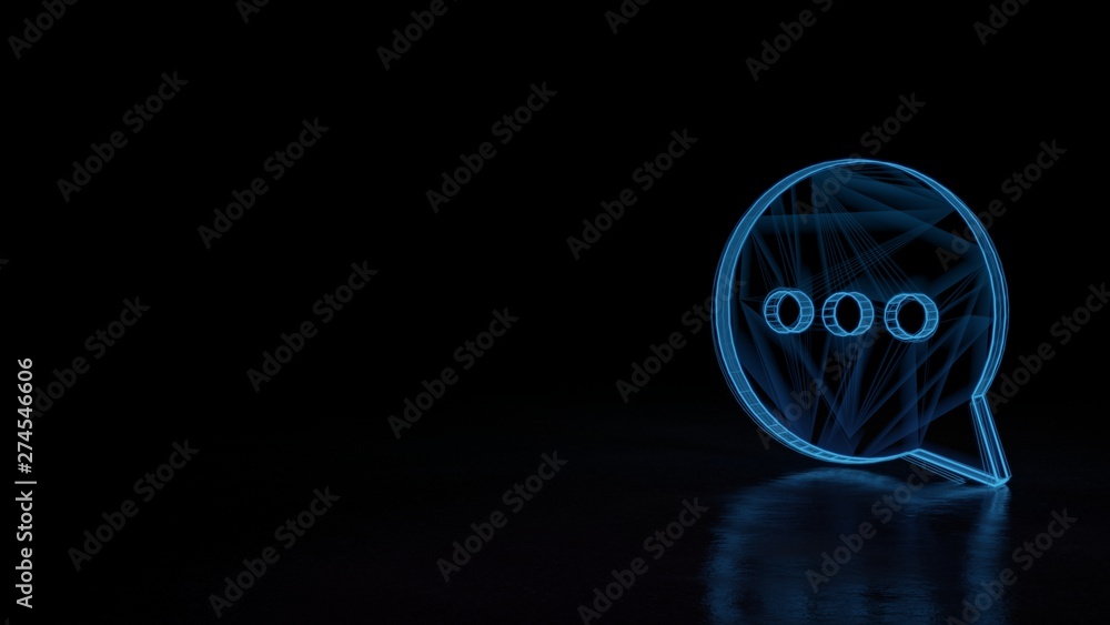 Poster 3d glowing wireframe symbol of symbol of rounded chat bubble isolated on black background