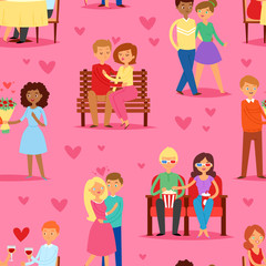 Fototapeta na wymiar Couple in love vector lovers characters in lovely relationships on loving date together on Valentines day and boyfriend kissing loved girlfriend illustration hearted background