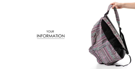 Female backpack textile in hand pattern on white background isolation