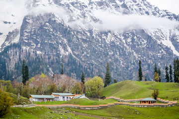 Stunning photograph of Kashmir valley (Paradise on Earth). Beautiful view of Betaab Valley surrounded by snow frozen Himalayas glacier mountains and green fir and pine tree line forest landscape.