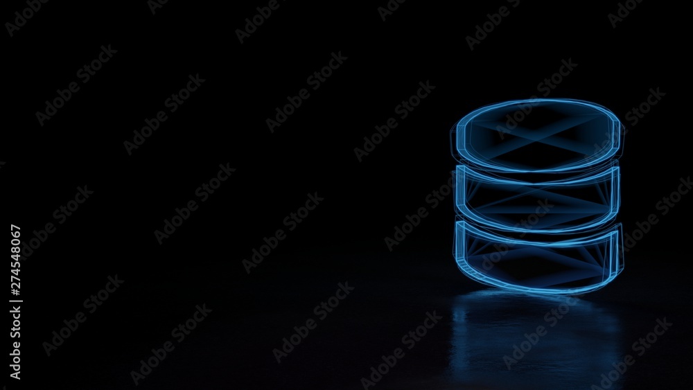Poster 3d glowing wireframe symbol of symbol of database isolated on black background