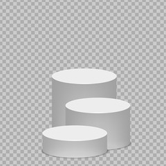 Realistic round white pedestal sanctified. Empty white podium mockup isolated on transparent background. Champion, first place, award, win, winner, award stair concept design. Vector