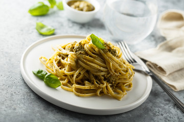 Homemade pasta with pesto sauce