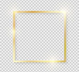 Gold shiny glowing vintage square frame with shadows isolated on transparent background. Golden luxury realistic rectangle border. Vector illustration