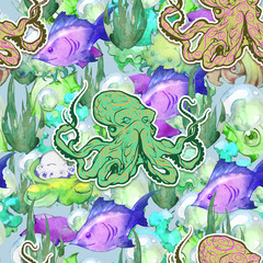 Fototapeta premium Watercolor and pencil drawn seamless illustration of an octopus on paper texture