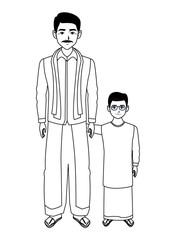 indian family avatar cartoon character in black and white
