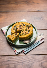 Handvo/handwa is a vegetable cake originating from the Gujarat, India. selective focus