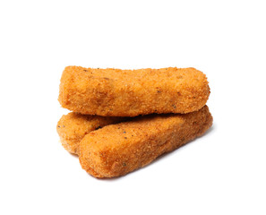 Pile of tasty cheese sticks isolated on white