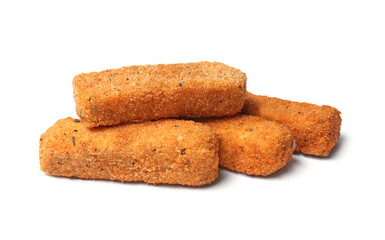 Pile of tasty cheese sticks isolated on white