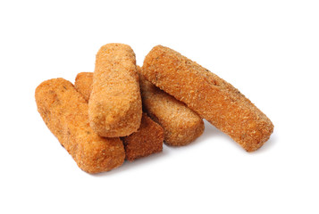 Pile of tasty cheese sticks isolated on white