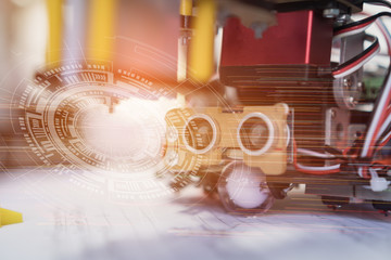 Robotics technology and STEM education class concept :  Metal robot and electronic board robots with HUD futuristic graphic, Programs for learning coding study in computer laboratory in school for kid