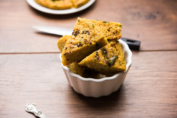 Handvo/handwa is a vegetable cake originating from the Gujarat, India. selective focus