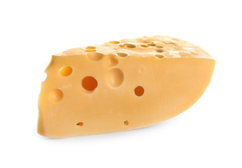 Piece of delicious cheese on white background