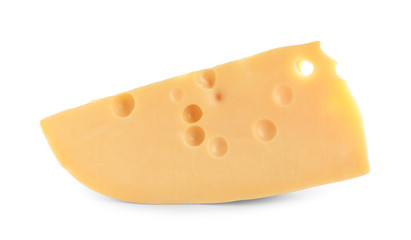 Piece of delicious cheese on white background