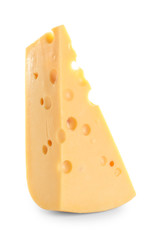 Piece of delicious cheese on white background