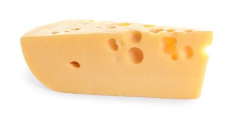 Piece of delicious cheese on white background