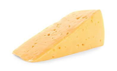 Piece of delicious cheese on white background