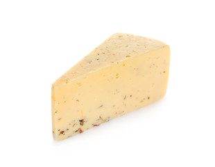 Piece of delicious cheese on white background