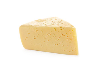 Piece of delicious cheese on white background