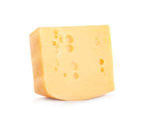 Piece of delicious cheese on white background