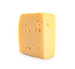 Piece of delicious cheese on white background