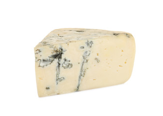 Piece of delicious blue cheese on white background