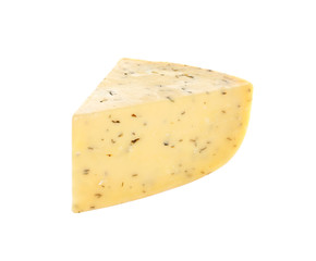 Piece of delicious cheese with herbs on white background