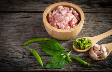 Top view. Raw ingredients forThai  food spicy menu. pork fried with Stir basil, Chilli, garlics