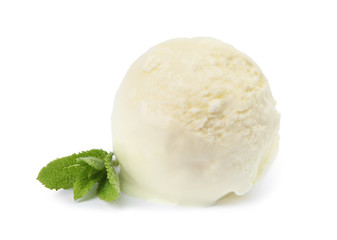 Fototapeta na wymiar Delicious vanilla ice cream and mint on white background