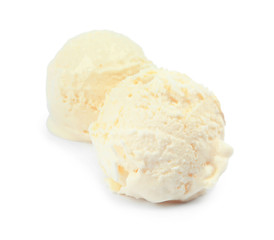 Fototapeta na wymiar Balls pf delicious vanilla ice cream on white background