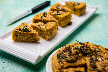 Handvo/handwa is a vegetable cake originating from the Gujarat, India. selective focus