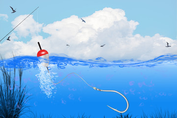 Fishing with buoy above water and hook under water